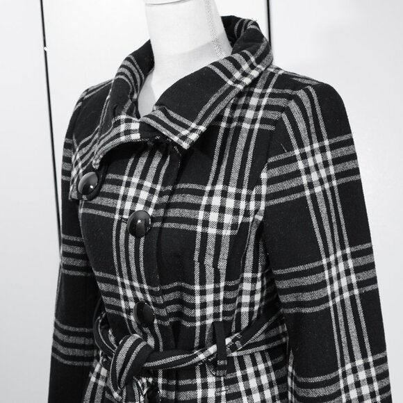 Express Plaid Coat Mod Academia Goth Classic Wool Blend Funnel Neck Long Peacoat - Picture 7 of 12